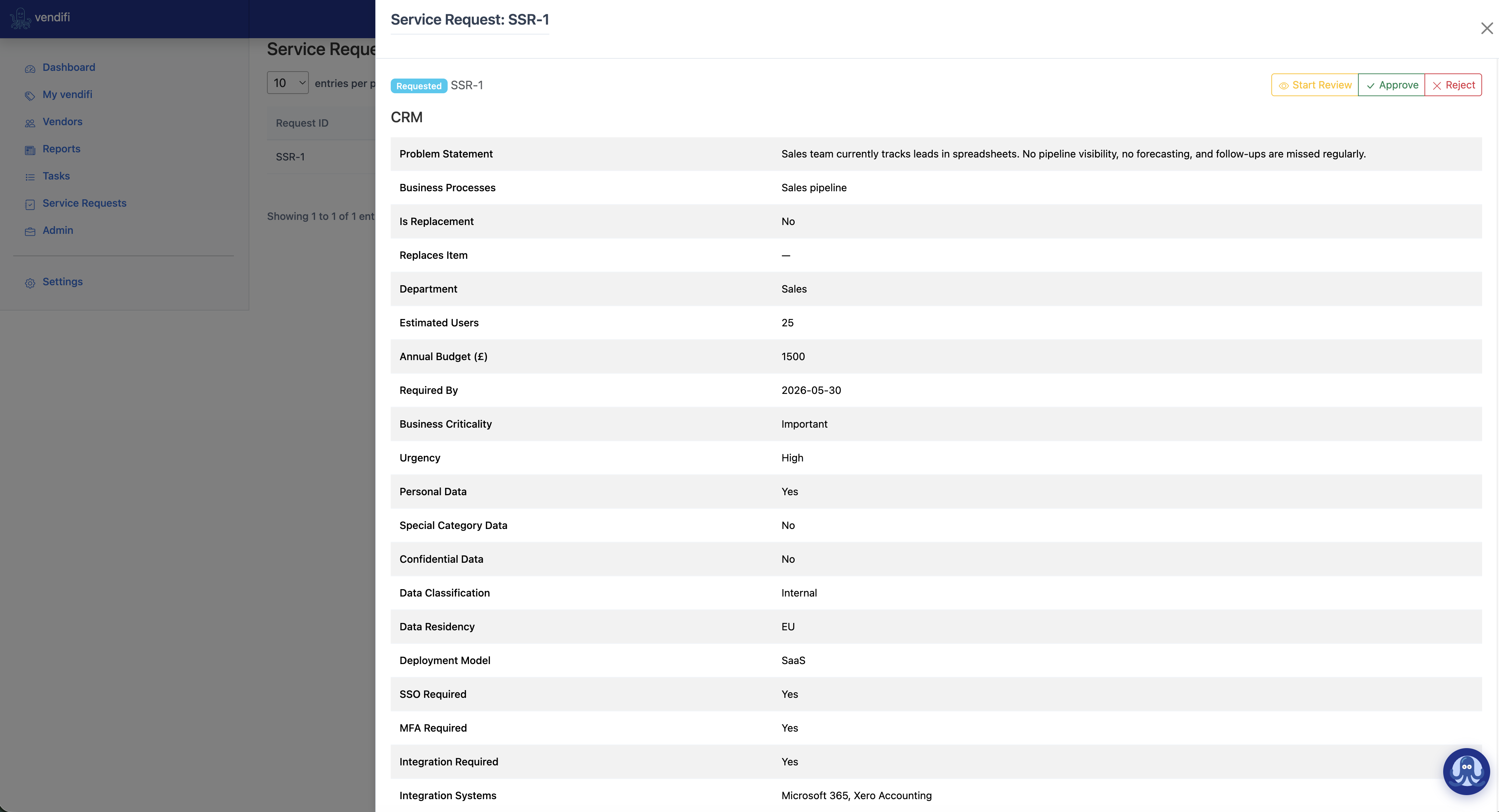 Service request detail view showing review, approve, and reject buttons